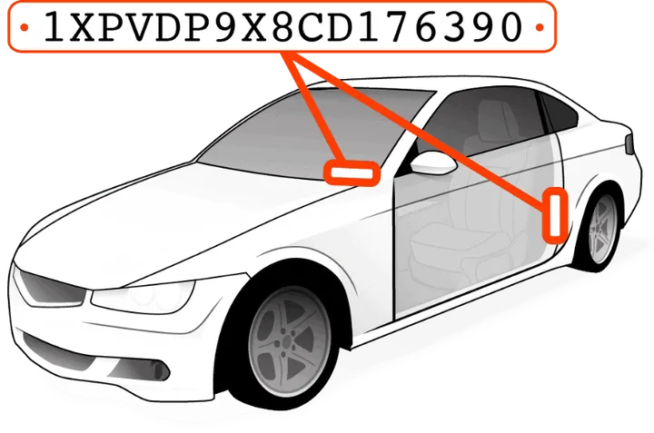 Où se trouve le VIN de la voiture ?
1. Le coin inférieur du pare-brise, côté conducteur.
2. Sous le capot, à côté du loquet.
3. À l'extrémité avant du châssis du véhicule.
4. À l'intérieur du montant de la porte, côté conducteur.