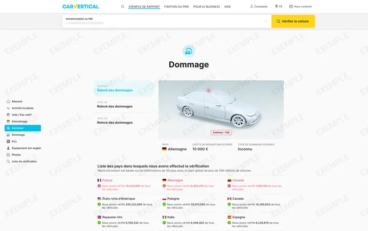 carVertical EXEMPLE DE RAPPORT